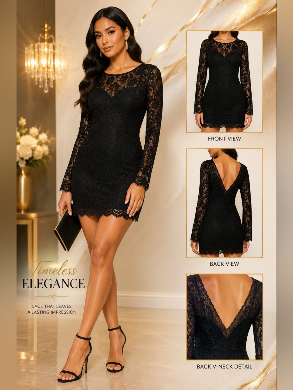 Divided H&M Black Slim Fit Lace Mini Dress | Elegant Long Sleeve Cocktail Dress